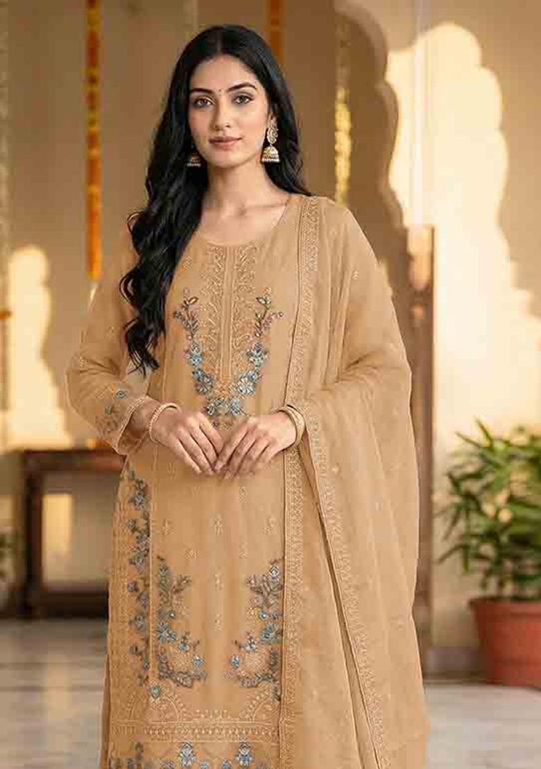 Yellow Embroidered Chiffon Kurta Set - Indya
