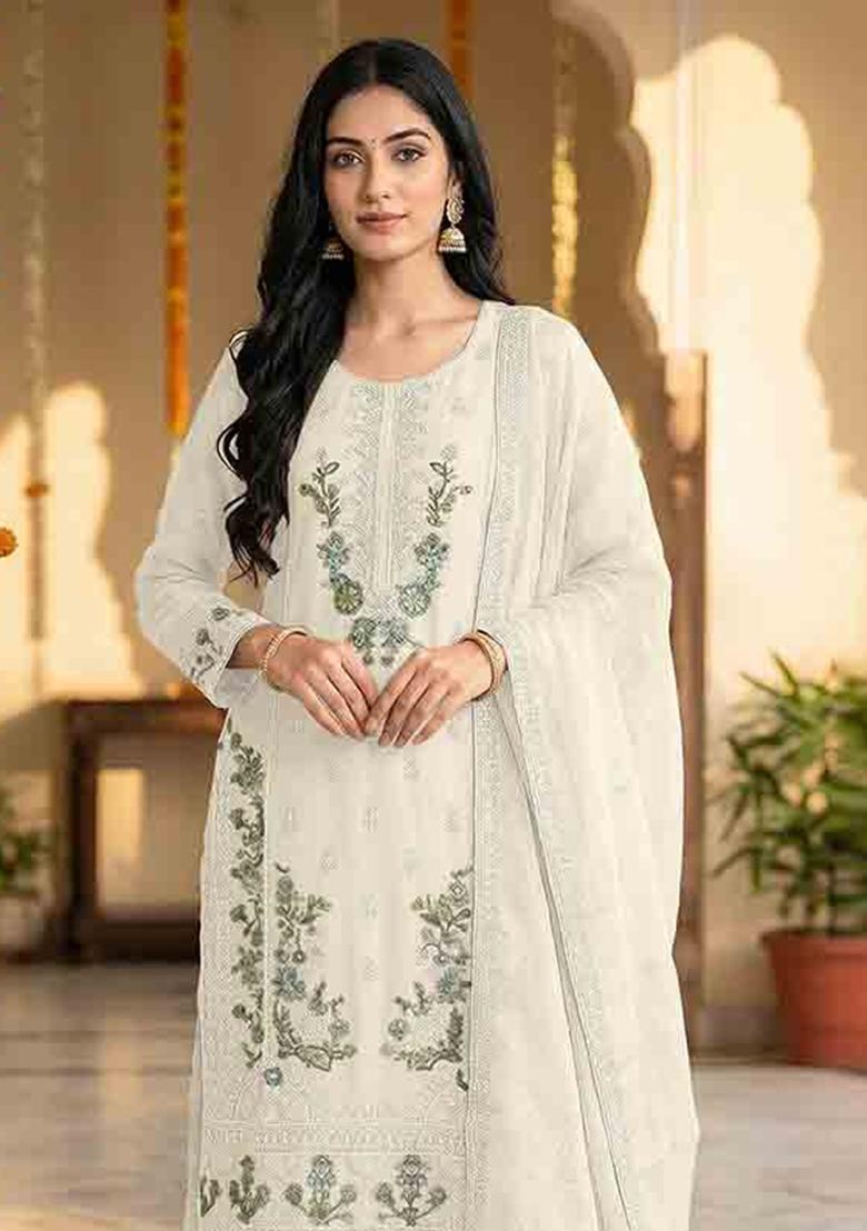 White Embroidered Chiffon Kurta Set - Indya