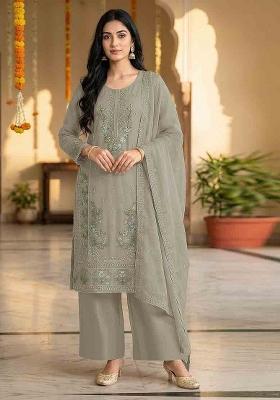 Grey Embroidered Chiffon Kurta Set