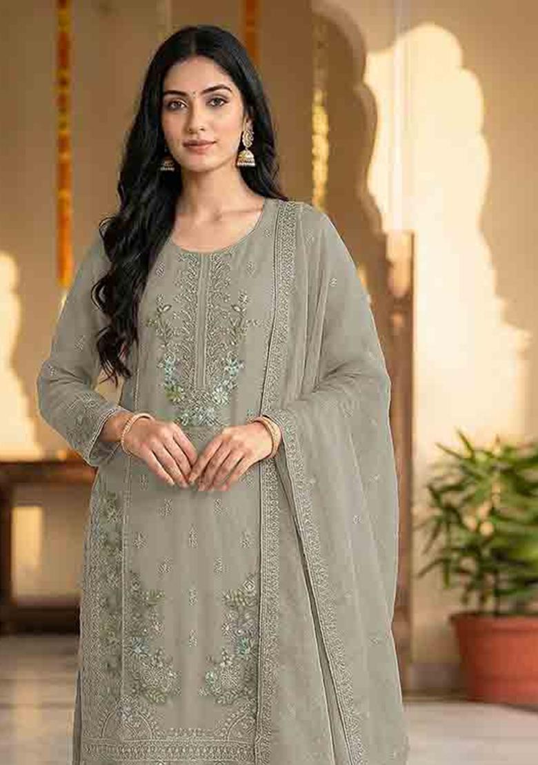 Grey Embroidered Chiffon Kurta Set - Indya