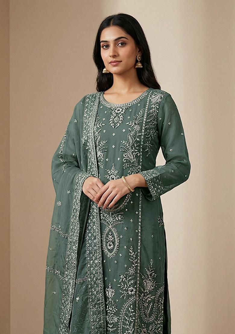 Dark Green Embroidered Organza Kurta Set - Indya
