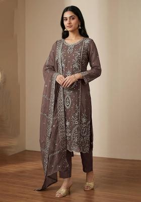 Coffee Embroidered Organza Kurta Set