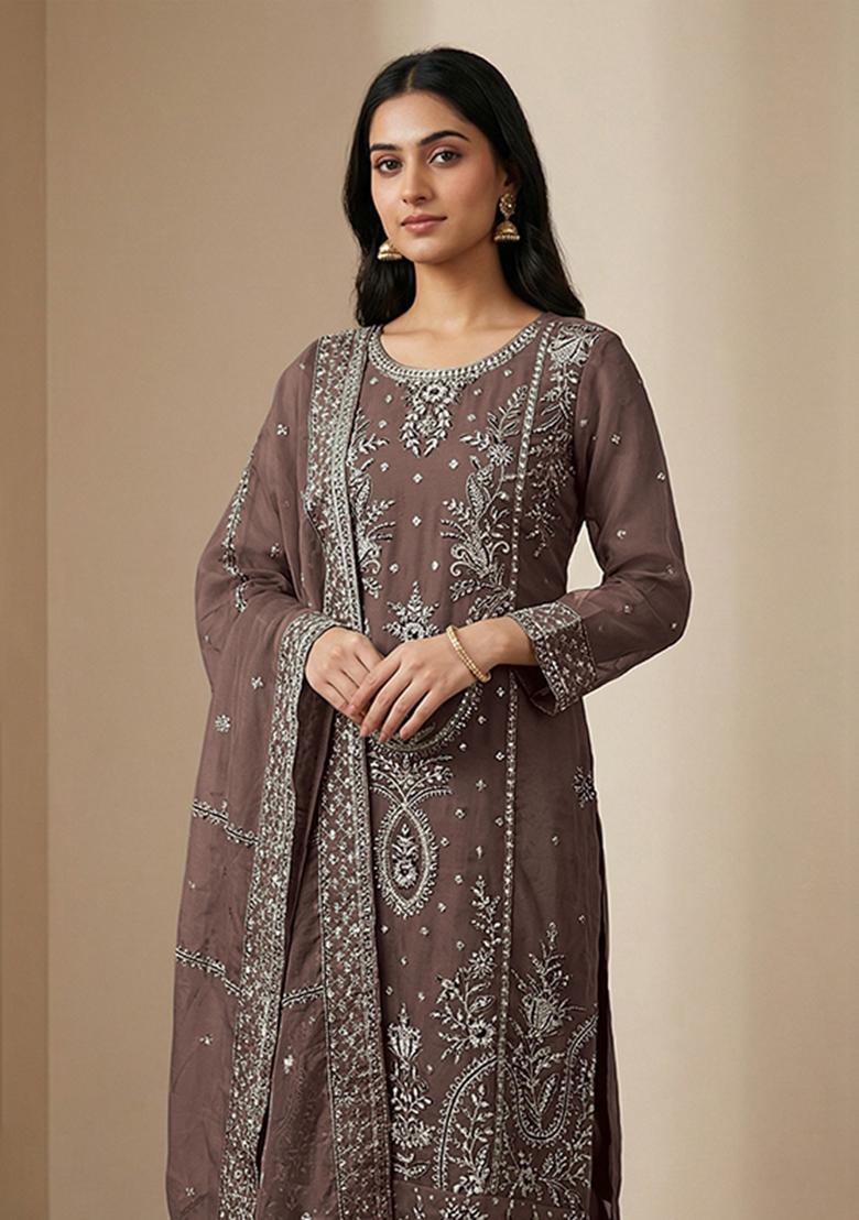 Coffee Embroidered Organza Kurta Set - Indya