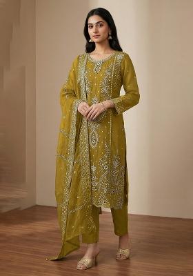 Mustard Embroidered Organza Kurta Set