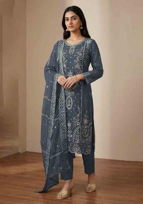 Grey Embroidered Organza Kurta Set
