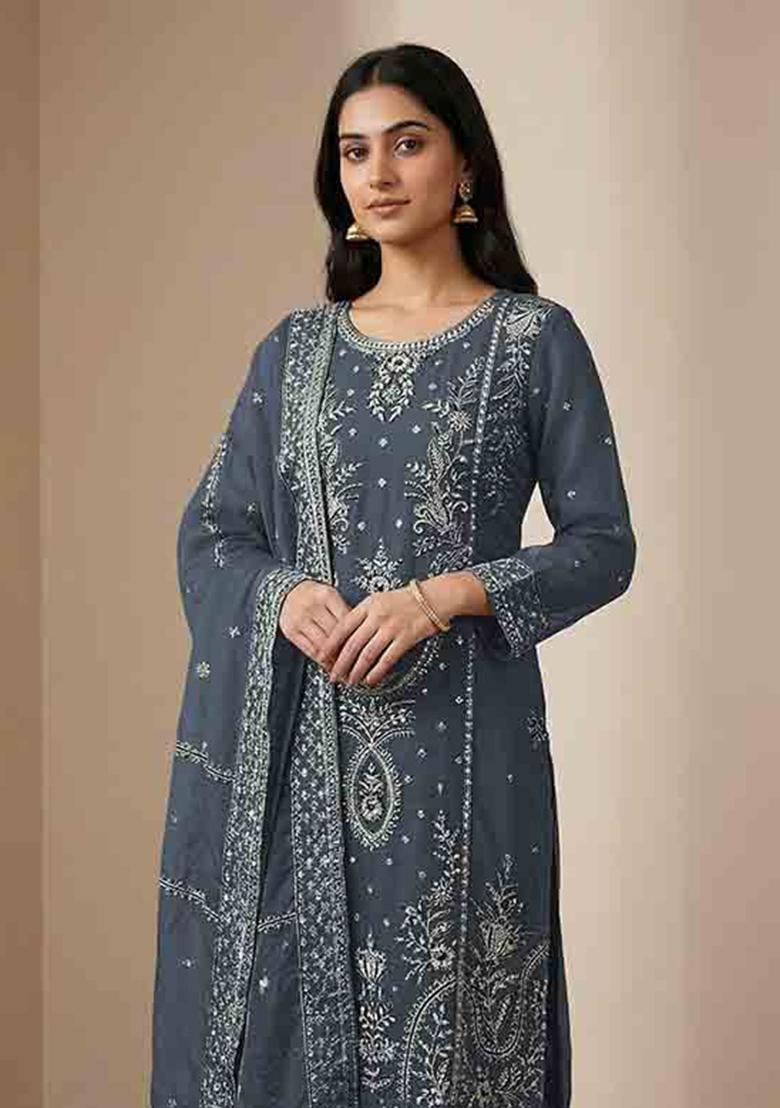 Grey Embroidered Organza Kurta Set - Indya
