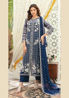 Navy Blue Embroidered Chiffon Kurta Set