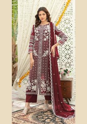 Maroon Embroidered Chiffon Kurta Set
