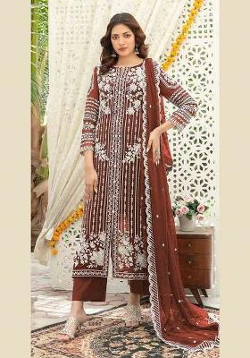 Brown Embroidered Chiffon Kurta Set