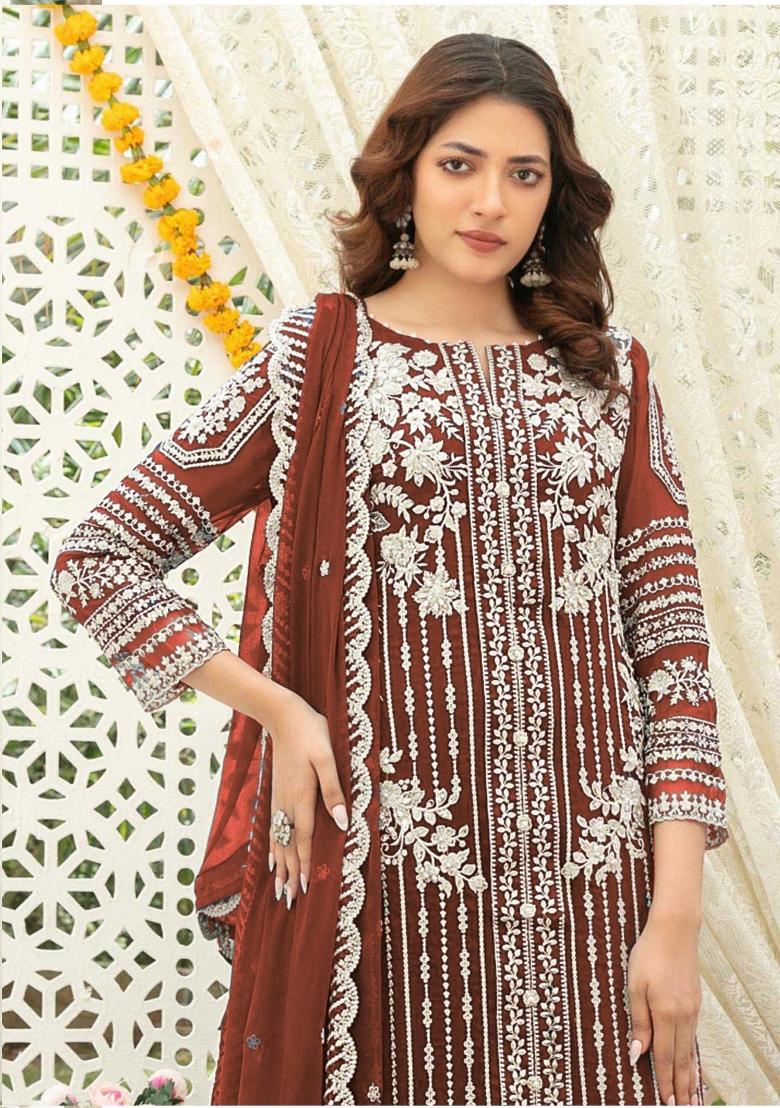Brown Embroidered Chiffon Kurta Set - Indya