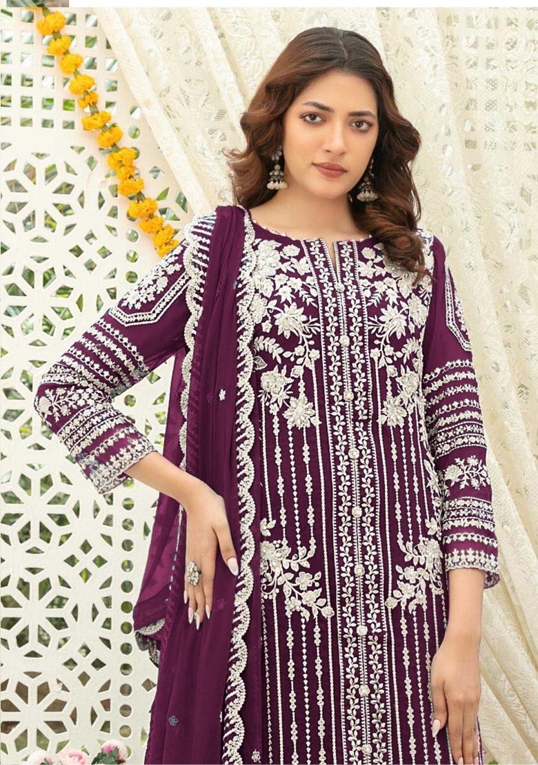 Purple Embroidered Chiffon Kurta Set - Indya