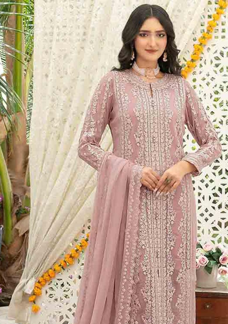 Peach Embroidered Chiffon Kurta Set - Indya