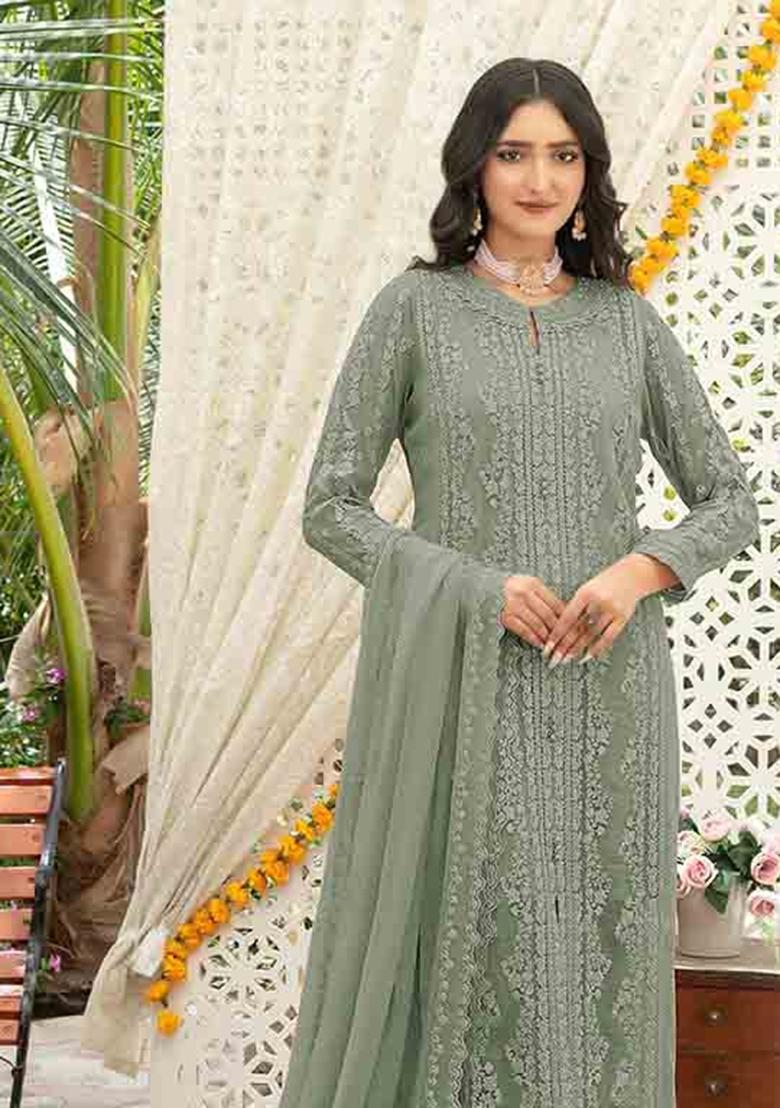 Green Embroidered Chiffon Kurta Set - Indya