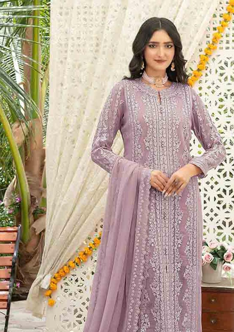 Lavender Embroidered Chiffon Kurta Set - Indya