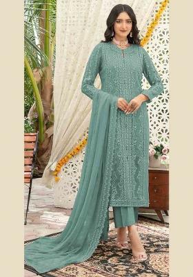 Aqua Blue Embroidered Chiffon Kurta Set