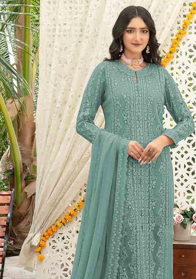 Aqua Blue Embroidered Chiffon Kurta Set - Indya