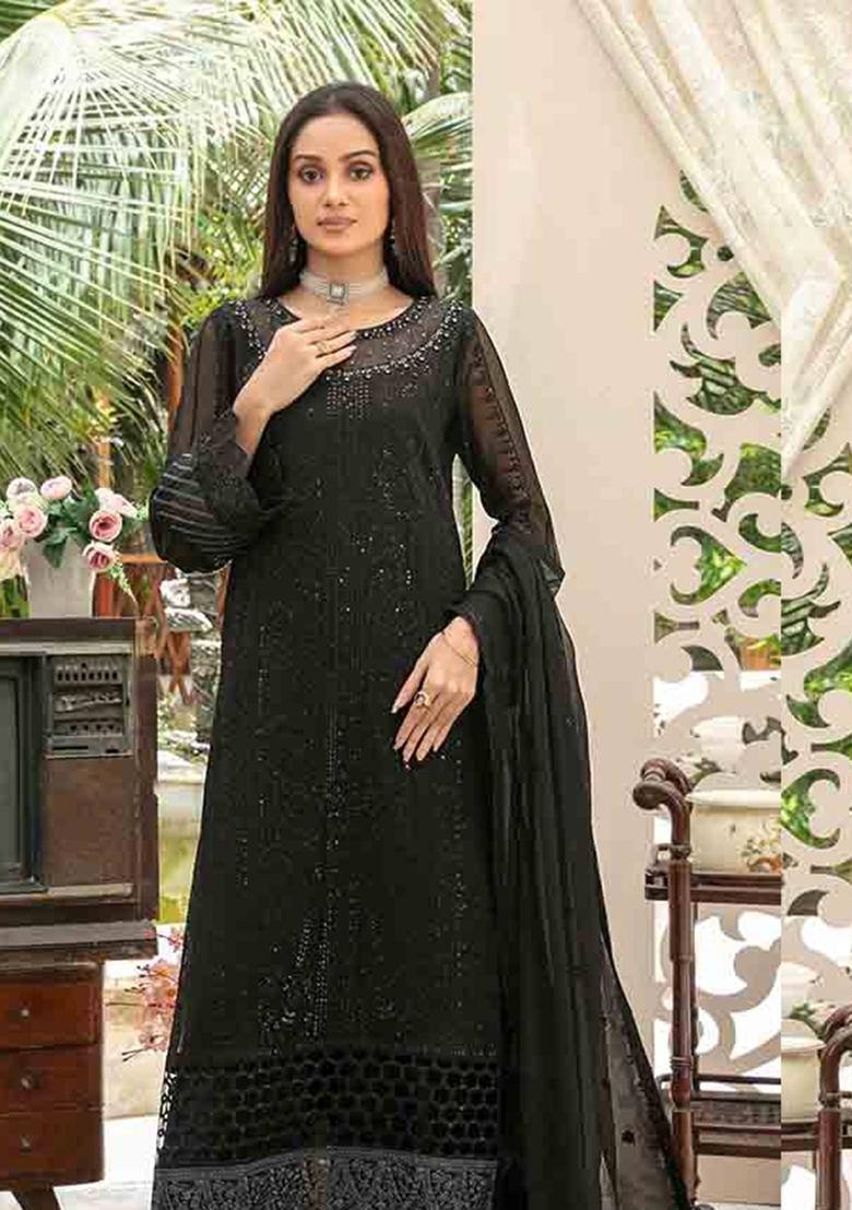Black Embroidered Chiffon Kurta Set - Indya