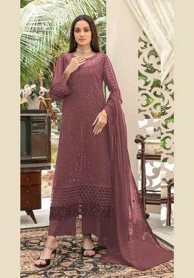 Dark Peach Embroidered Chiffon Kurta Set