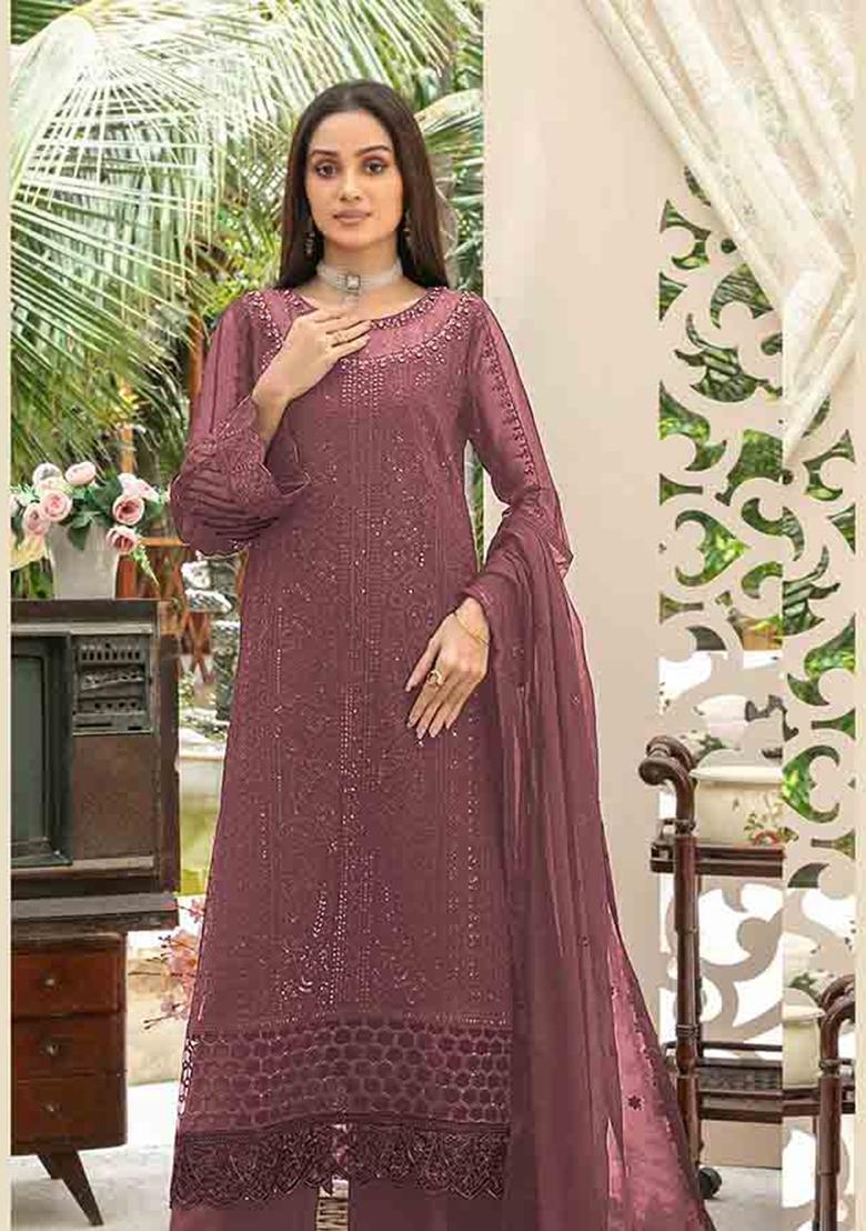 Dark Peach Embroidered Chiffon Kurta Set - Indya