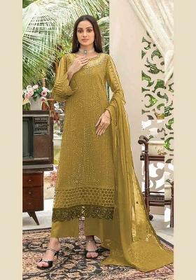 Mustard Embroidered Chiffon Kurta Set