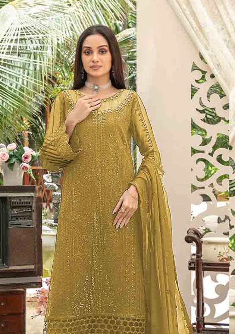 Mustard Embroidered Chiffon Kurta Set - Indya