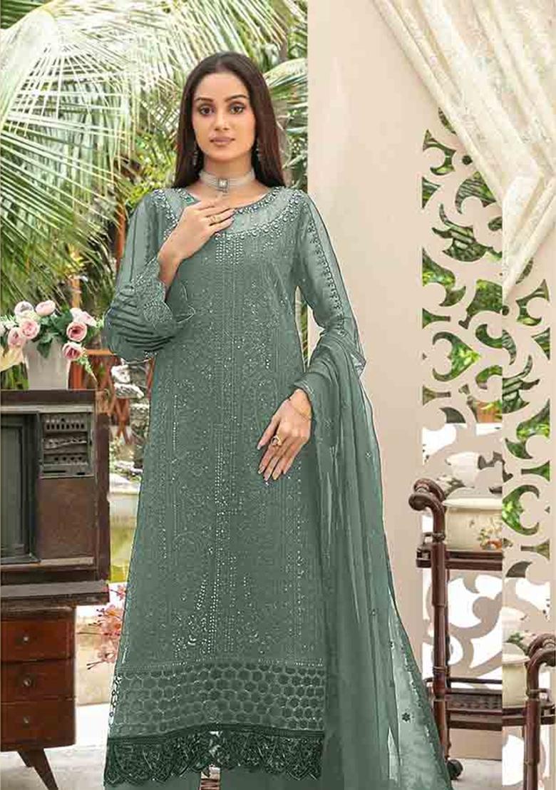 Sea Green Embroidered Chiffon Kurta Set - Indya