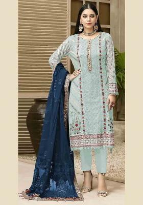 Blue Embroidered Chiffon Kurta Set