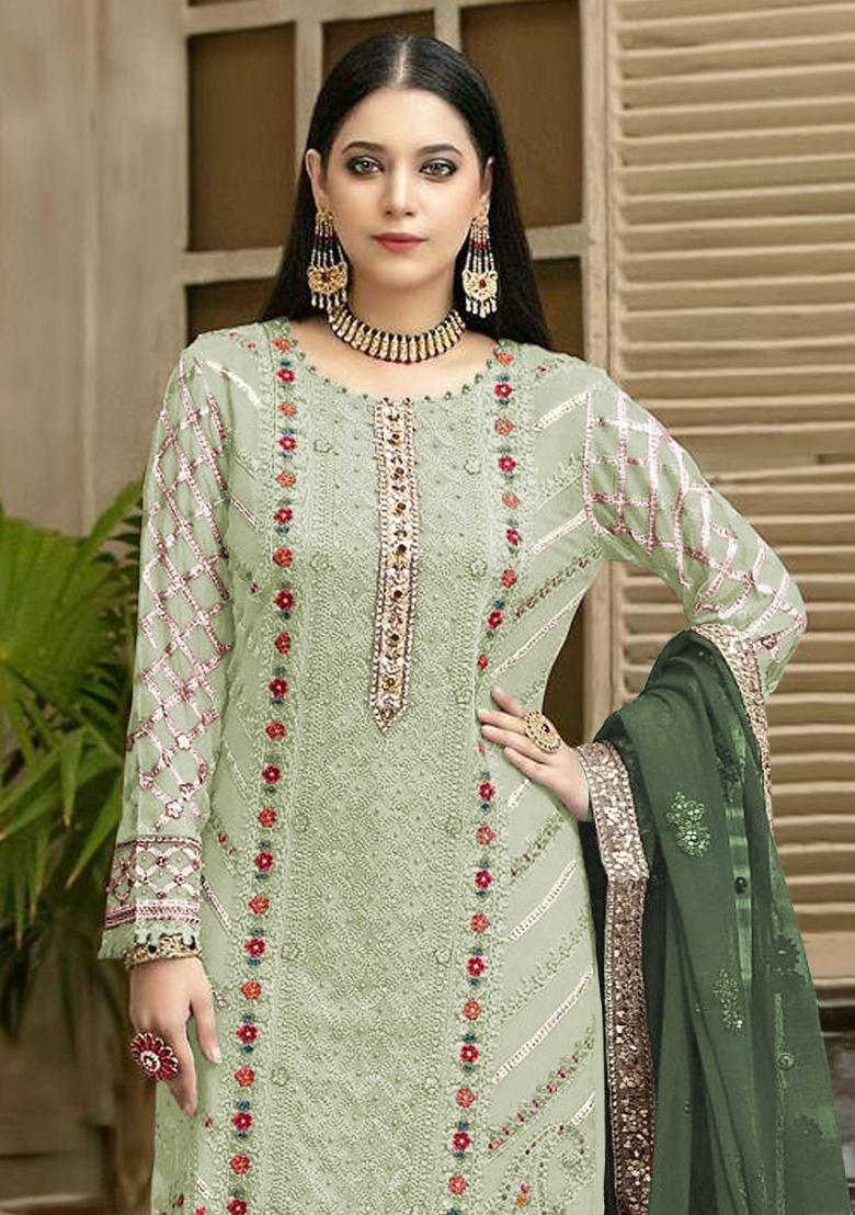 Green Embroidered Chiffon Kurta Set - Indya