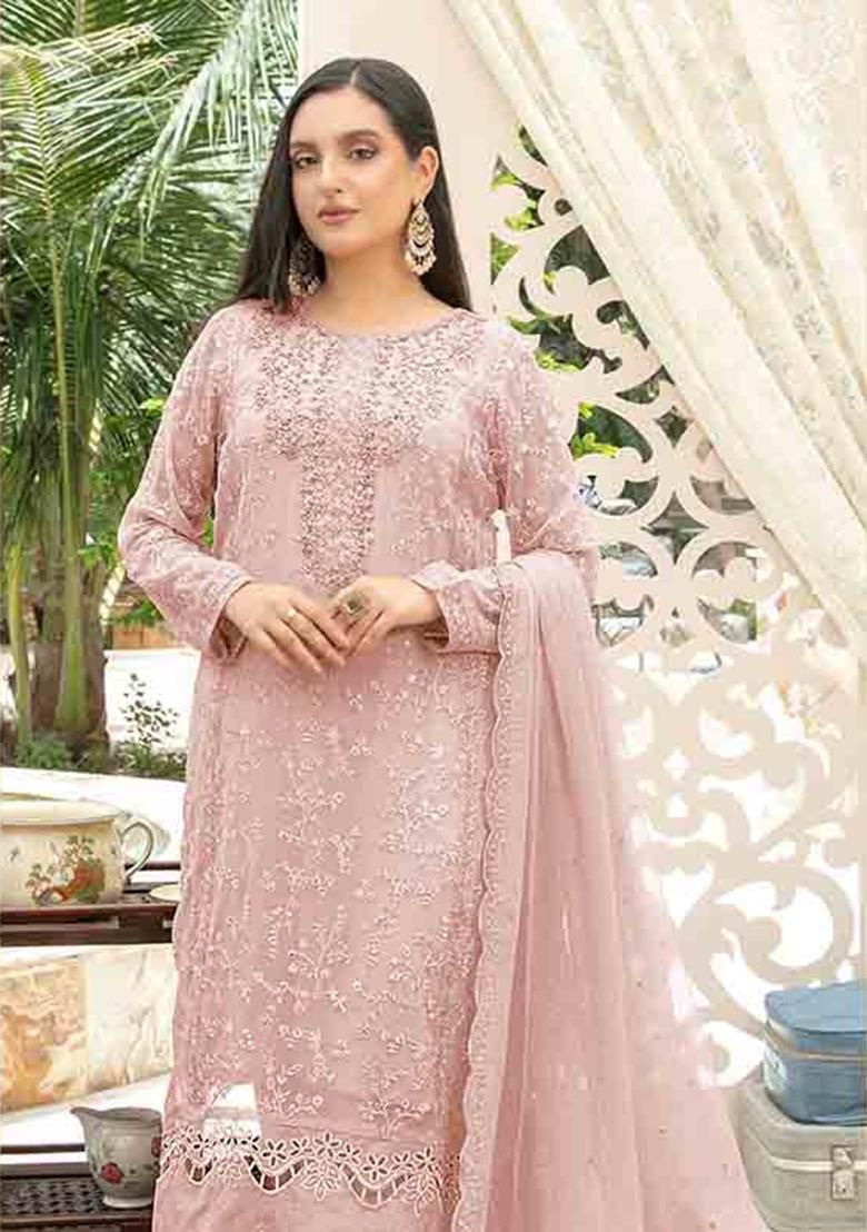 Pink Embroidered Chiffon Kurta Set - Indya