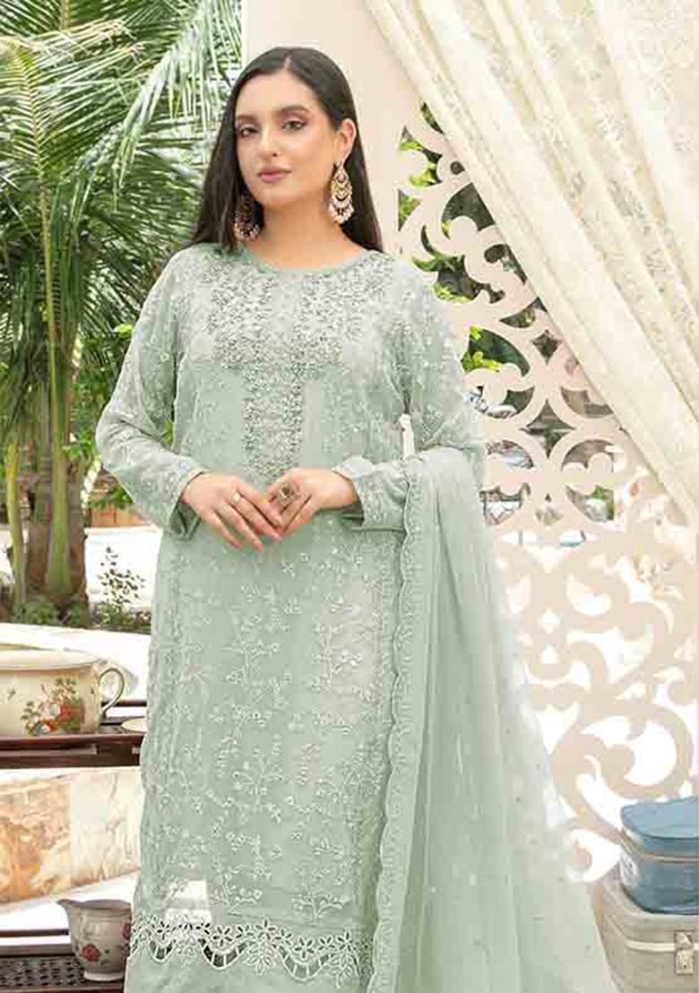 Sea Green Embroidered Chiffon Kurta Set - Indya