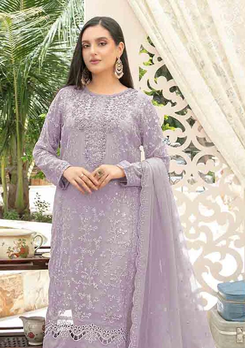 Lavender Embroidered Chiffon Kurta Set - Indya