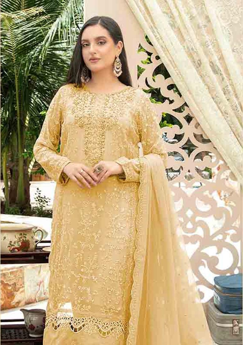 Yellow Embroidered Chiffon Kurta Set - Indya