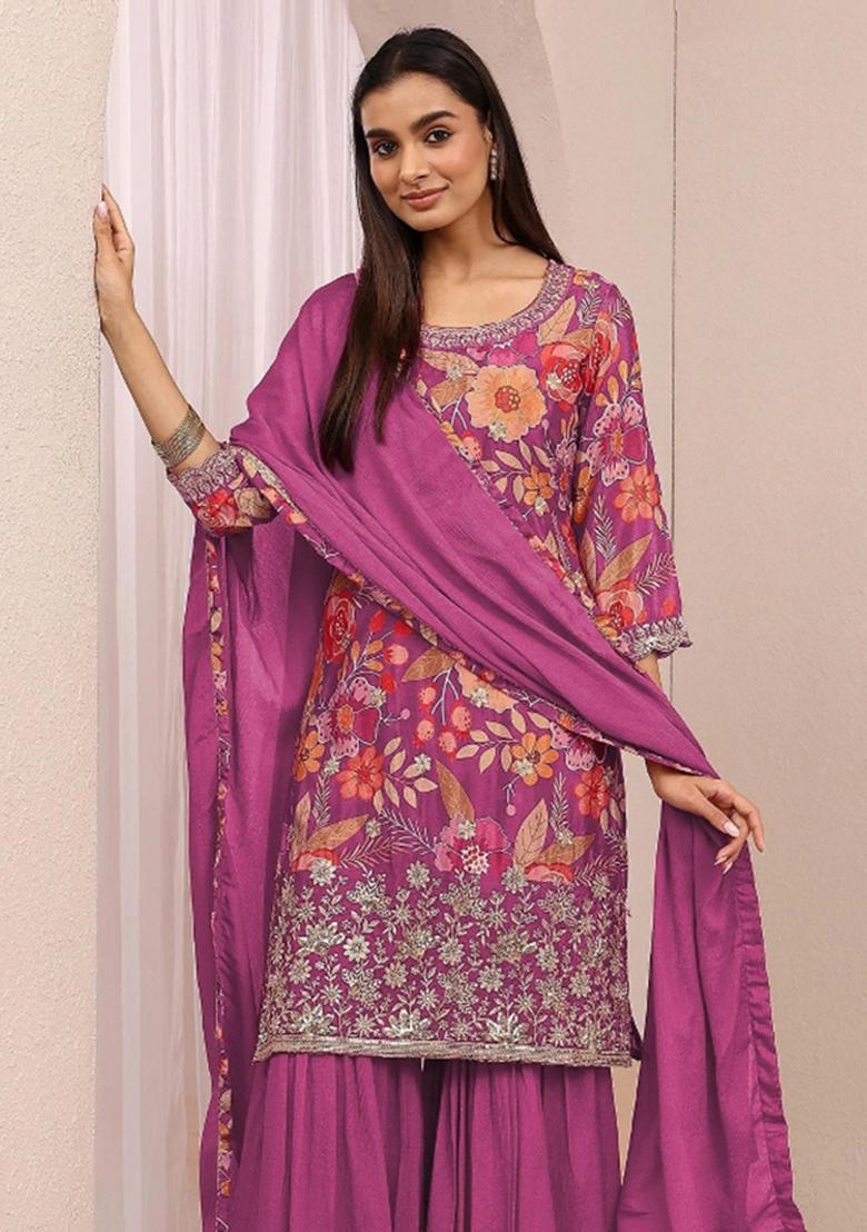 Pink Sequin Work Chinon Kurta Set - Indya
