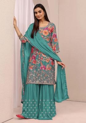 Blue Sequin Work Chinon Kurta Set