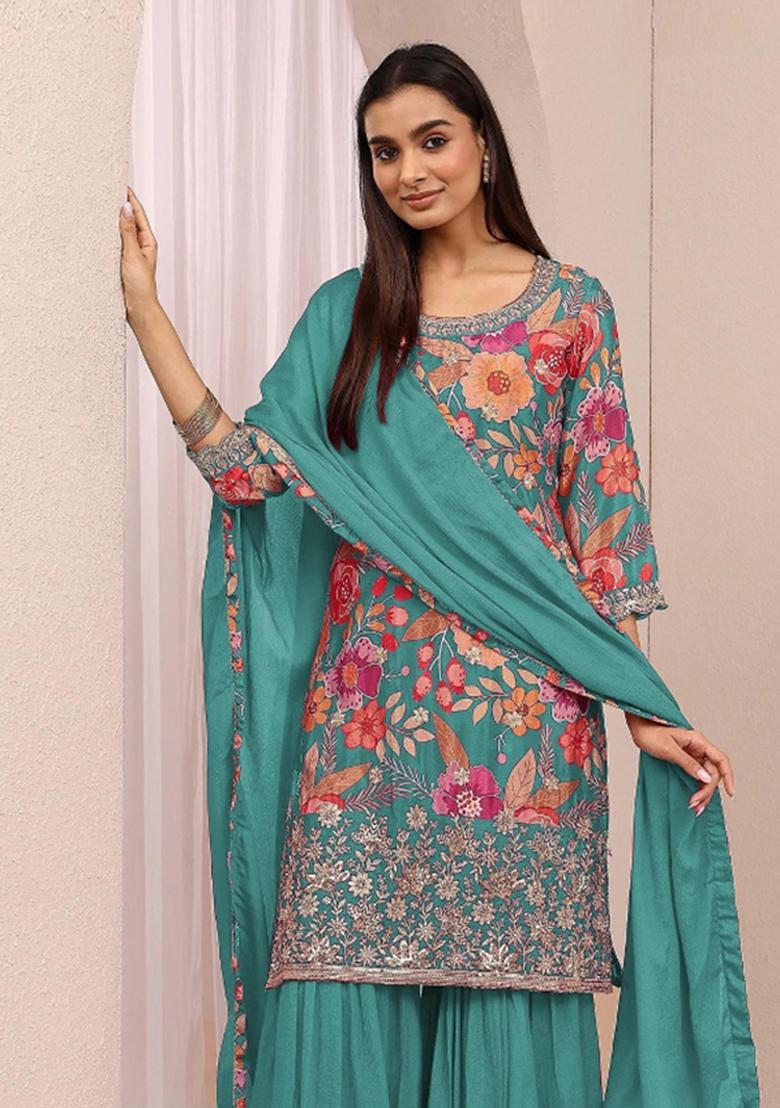 Blue Sequin Work Chinon Kurta Set - Indya