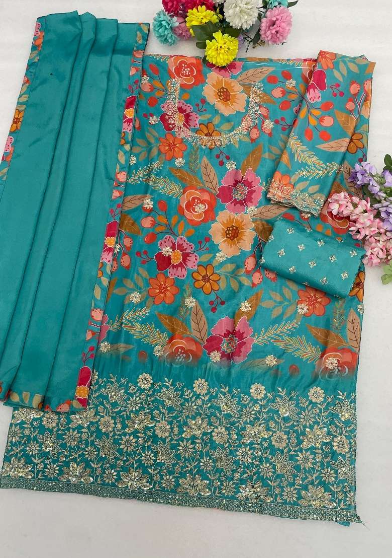 Blue Sequin Work Chinon Kurta Set - Indya