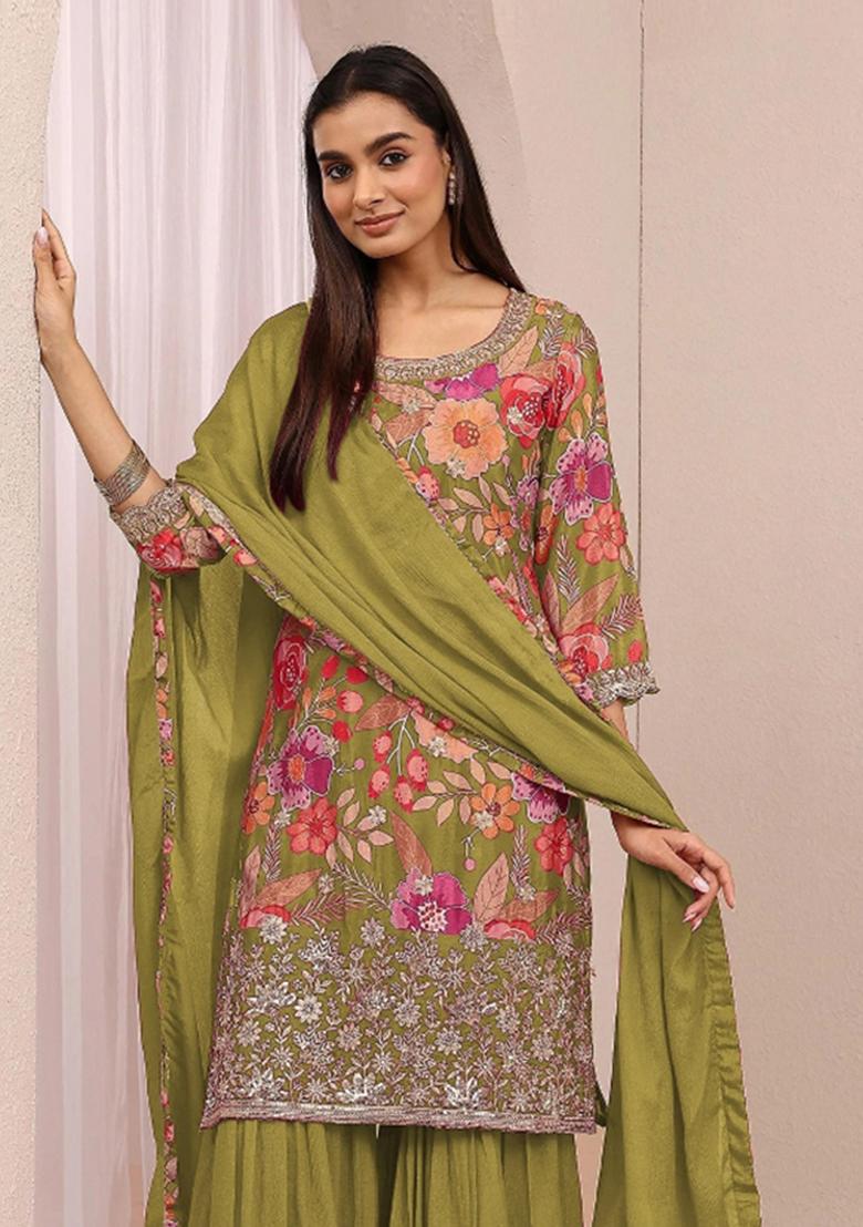 Green Sequin Work Chinon Kurta Set - Indya