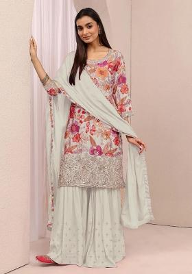 White Sequin Work Chinon Kurta Set