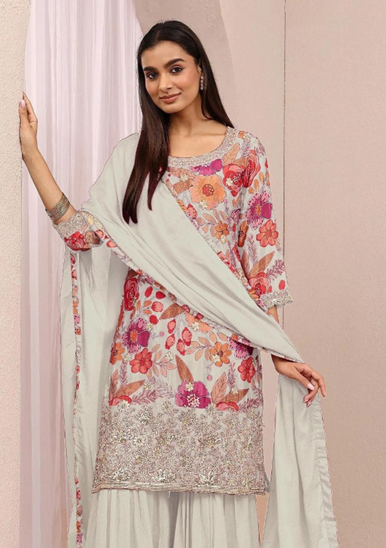 White Sequin Work Chinon Kurta Set - Indya