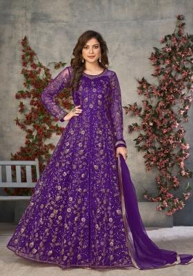Purple Embroidered Net Anarkali Set