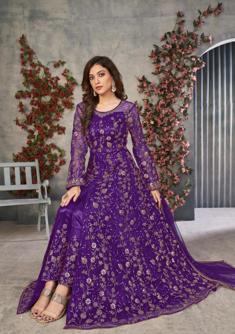 Purple Embroidered Net Anarkali Set - Indya