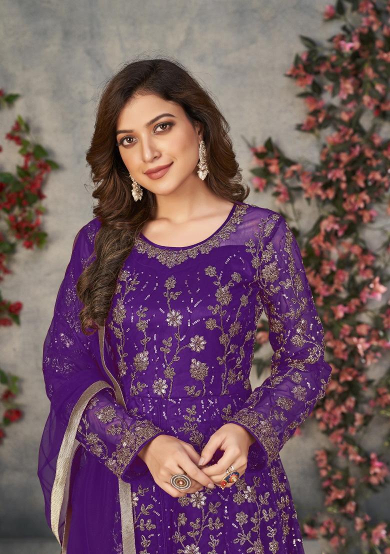 Purple Embroidered Net Anarkali Set - Indya