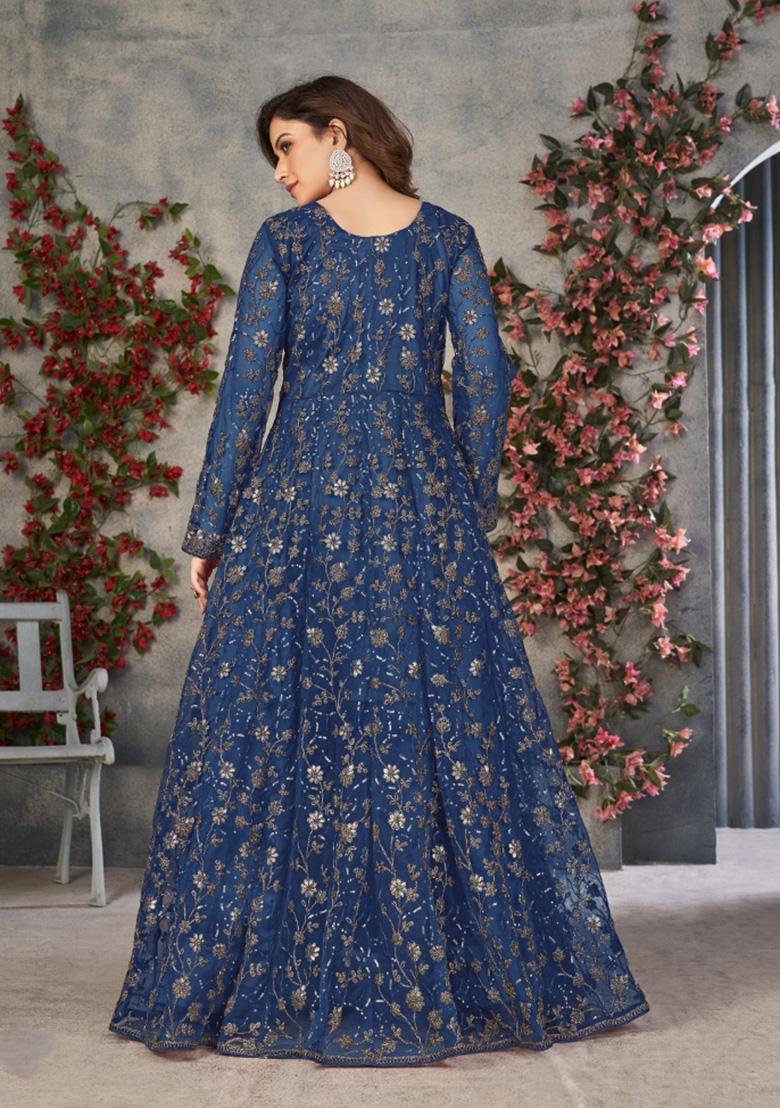 Blue Embroidered Net Anarkali Set - Indya