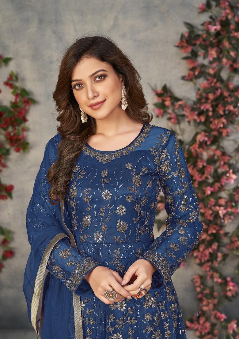 Blue Embroidered Net Anarkali Set - Indya