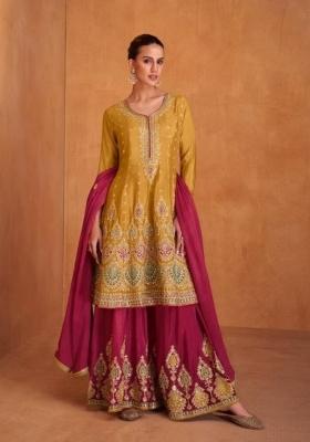 Mustard Embroidered Silk Blend Kurta Set