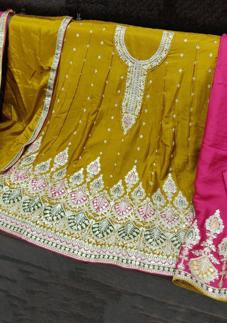 Mustard Embroidered Silk Blend Kurta Set - Indya