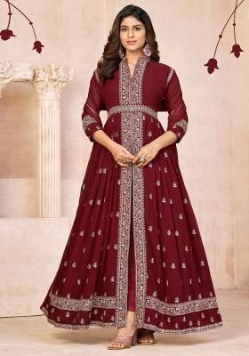 Maroon Embroidered Georgette Anarkali Set