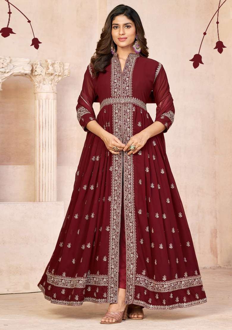 Maroon Embroidered Georgette Anarkali Set - Indya