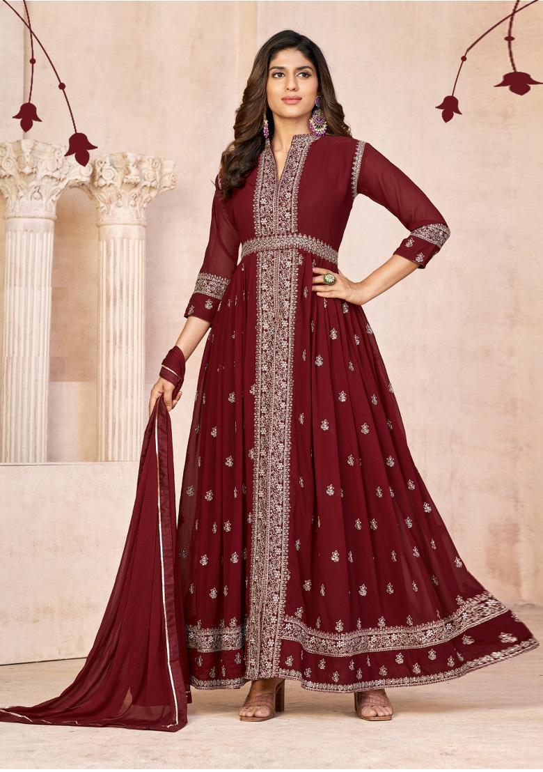 Maroon Embroidered Georgette Anarkali Set - Indya