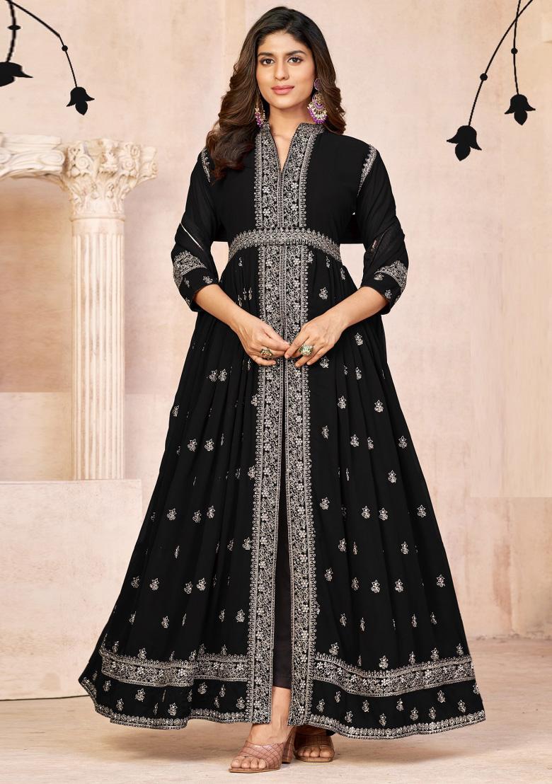 Black Embroidered Georgette Anarkali Set - Indya